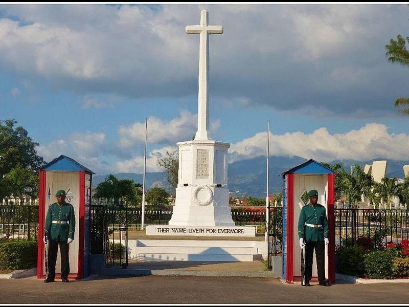 The white cenotaph and its sentry boxes at National Heroes Park in Kingston