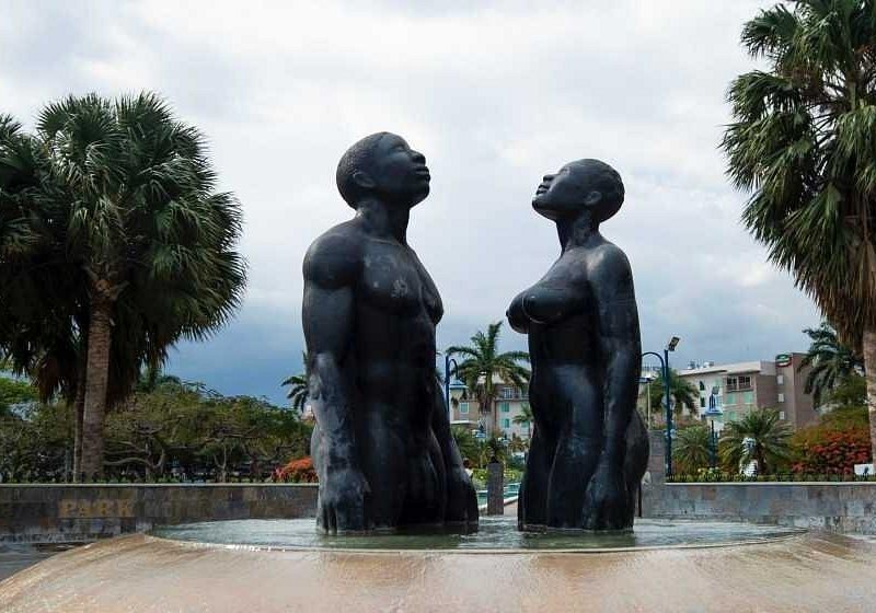 The two bronze figures of the Redemption Song monument in Emancipation Park, Kingston
